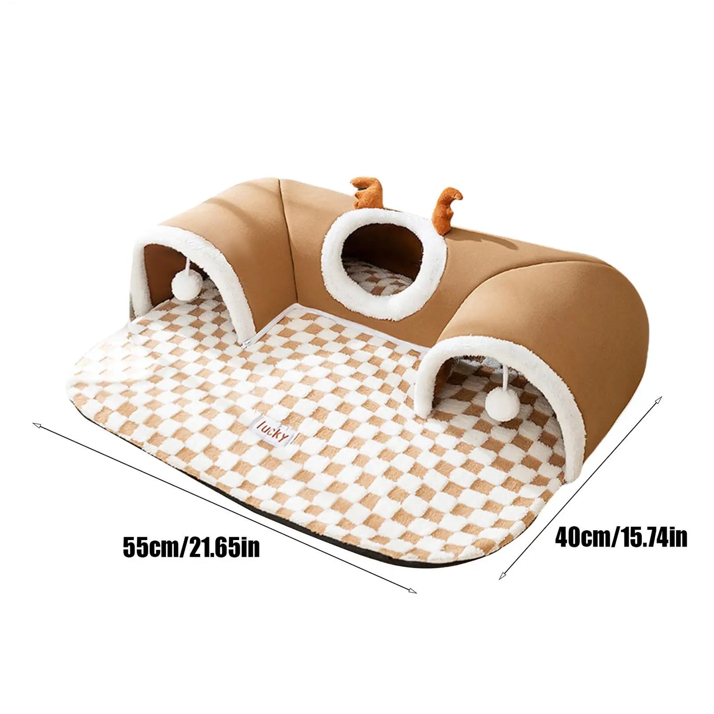 Plush Cat Bed & Play Tunnel – Warm U-Shaped Kitten Hideaway with Toys
