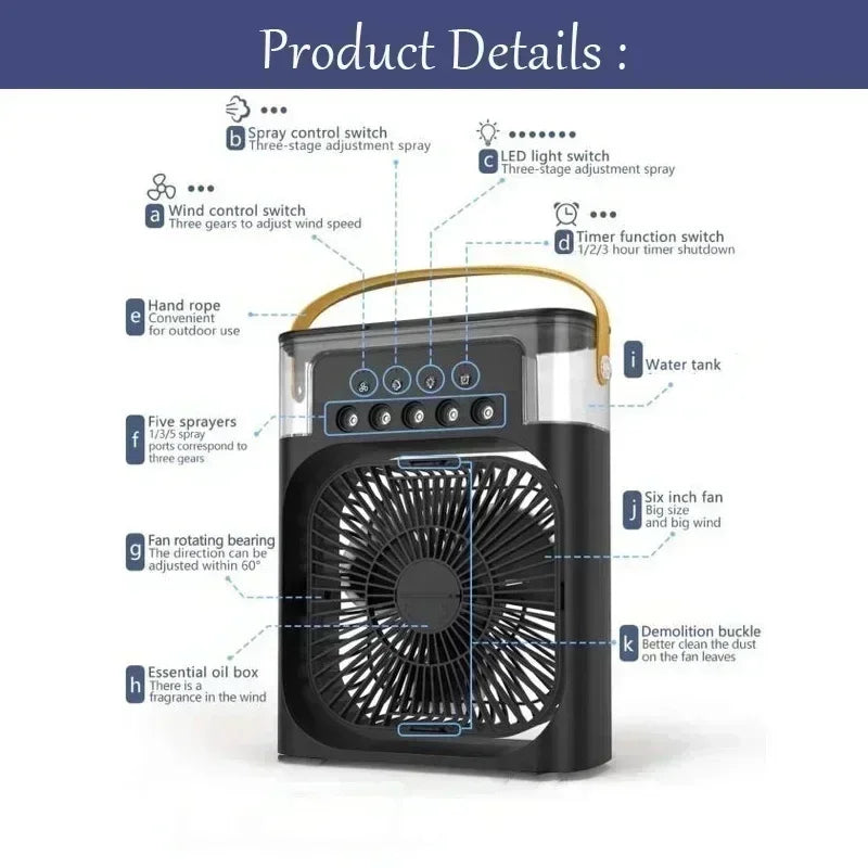 3-in-1 Portable Air Cooler Fan with Humidifier & LED Light (USB)