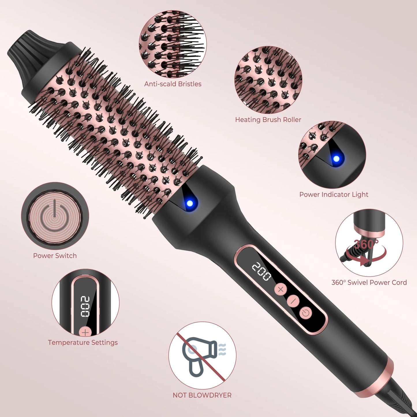 3-in-1 Ceramic Thermal Curling Brush – Ionic Heated Styling Brush for Curls, Volume & Smooth Hair