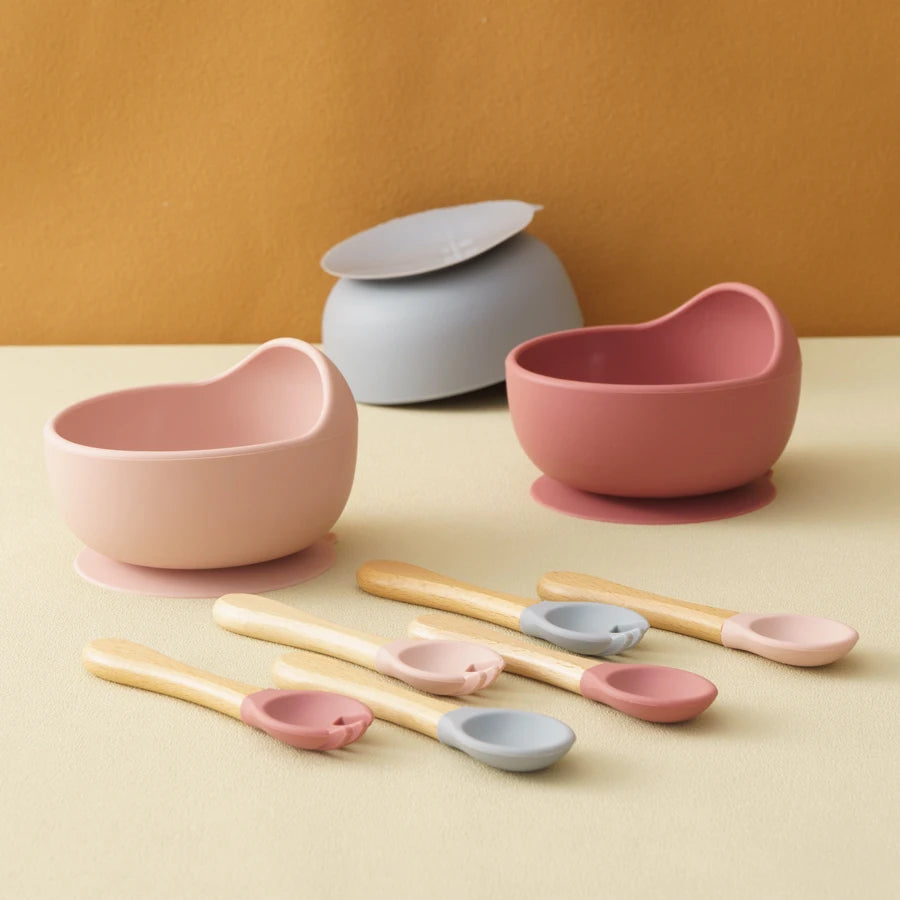 3-Piece Silicone Baby Suction Bowl Set – Bowl, Wooden Spoon & Fork