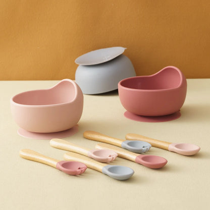 3-Piece Silicone Baby Suction Bowl Set – Bowl, Wooden Spoon & Fork