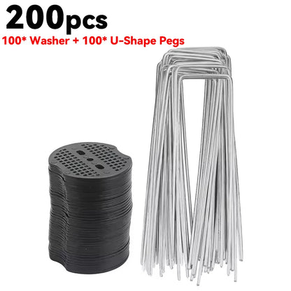 50-200 Pack U-Shaped Garden Ground Pegs with Washers – Landscape Fabric & Netting Pins