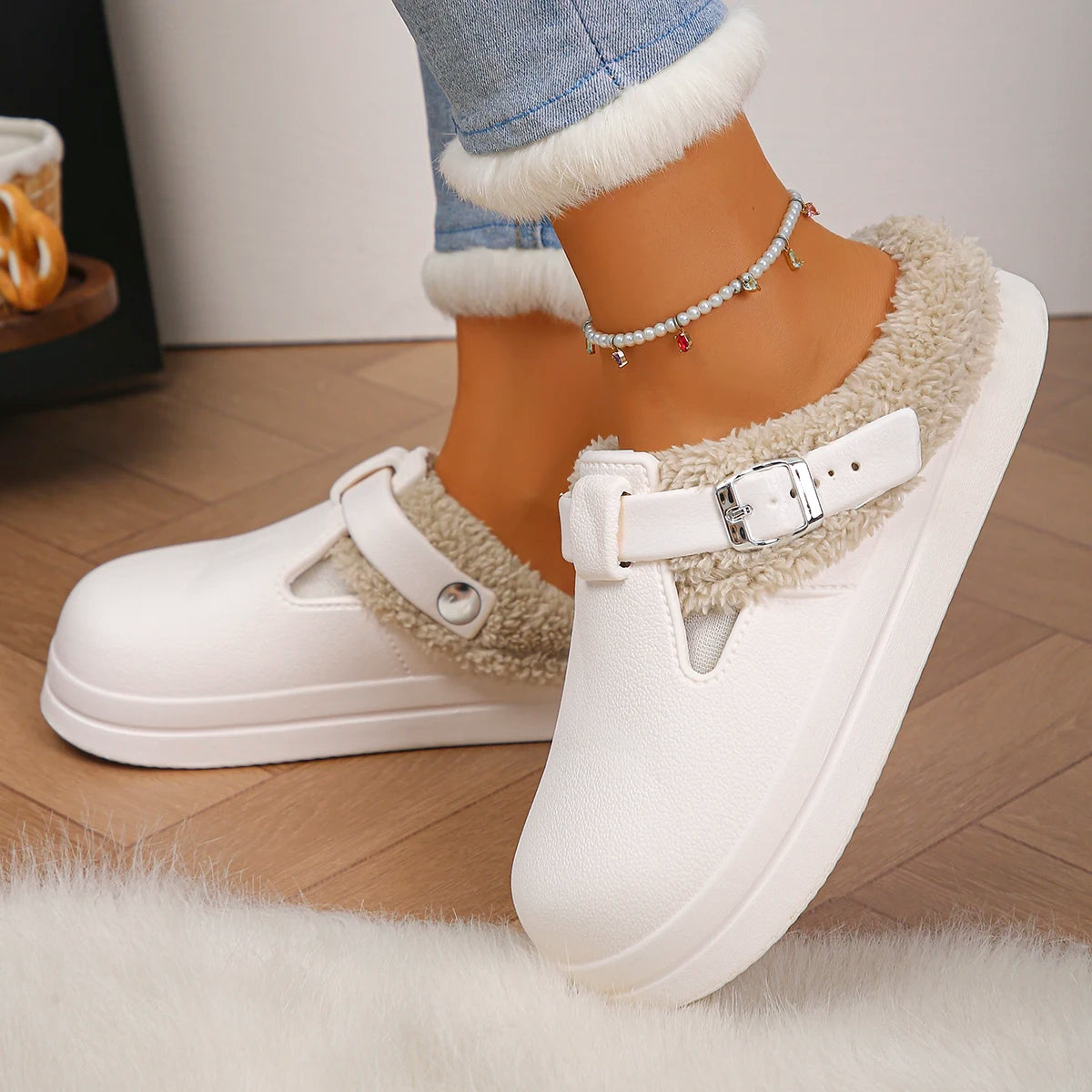 Women's Waterproof EVA Furry Mules – Plush Winter Slip-On Slippers with Platform Sole
