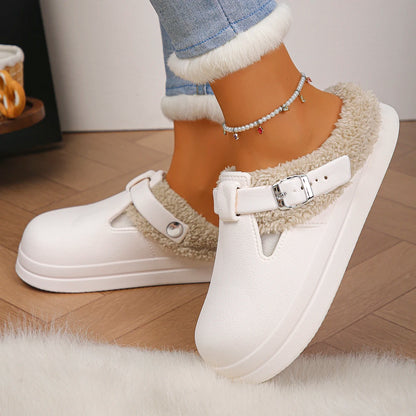 Women's Waterproof EVA Furry Mules – Plush Winter Slip-On Slippers with Platform Sole