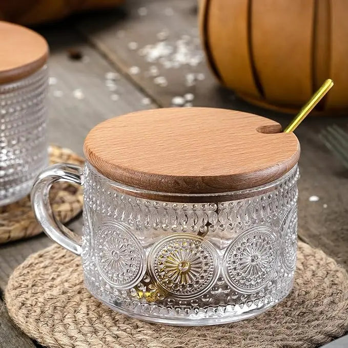Vintage Glass Coffee Mug with Wooden Lid & Spoon – 450ml Breakfast Cup
