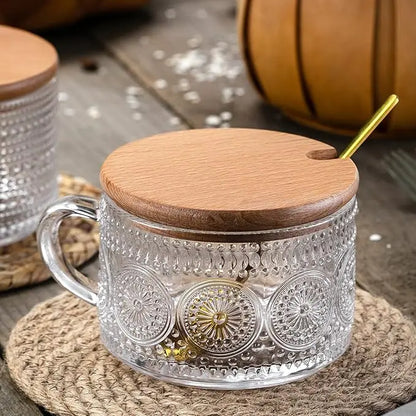 Vintage Glass Coffee Mug with Wooden Lid & Spoon – 450ml Breakfast Cup