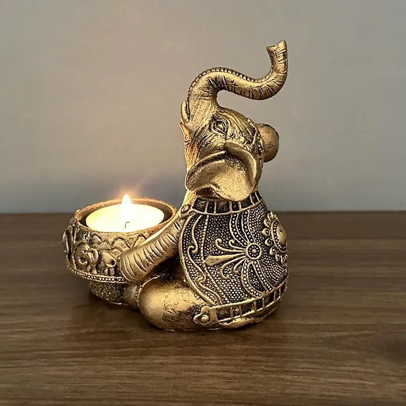 Decorative Elephant Tealight Candle Holder – Gold Resin Lucky Elephant Ornament