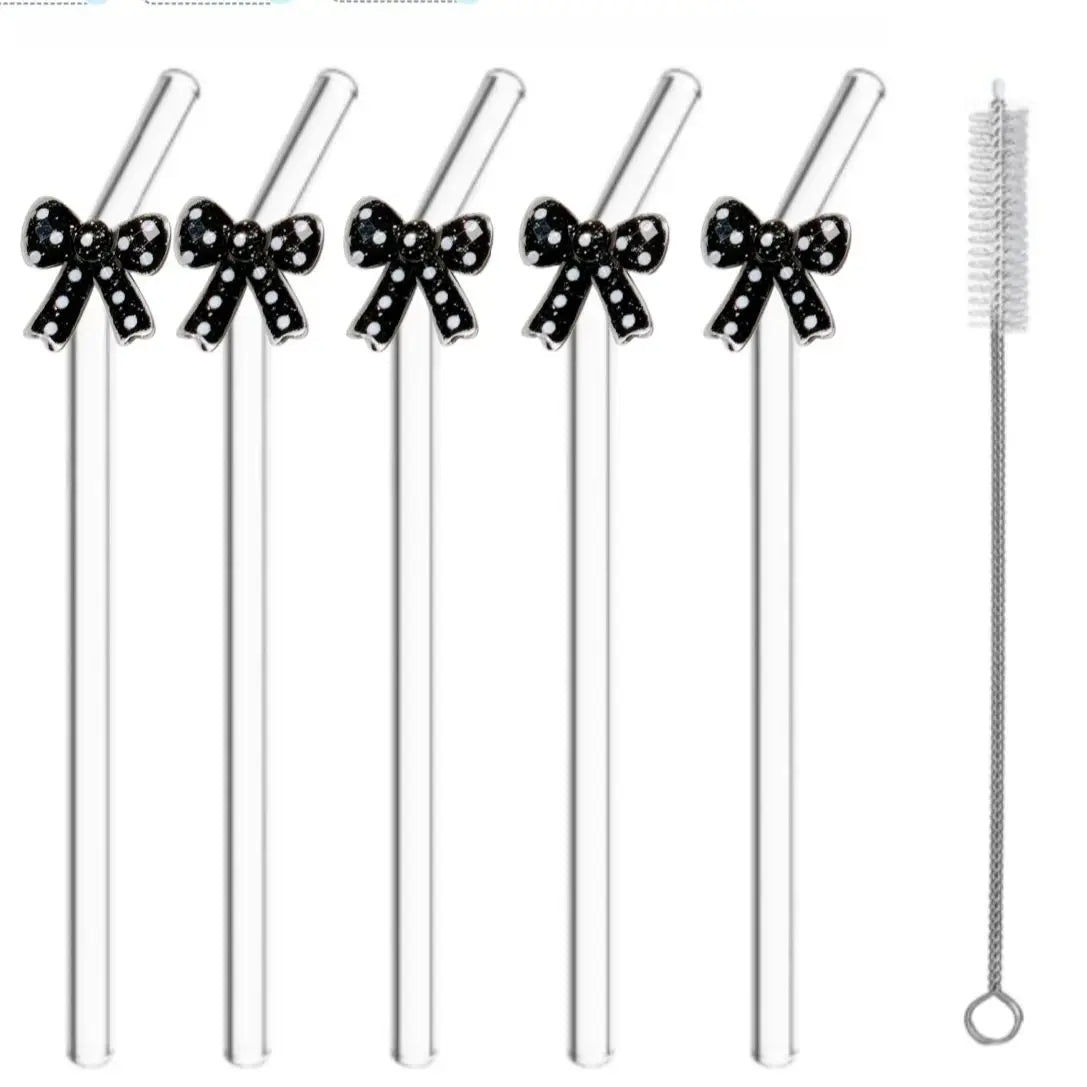 Black Polka Dot Bow Glass Drinking Straws – Reusable Curved Straws (3 or 6 Pack)