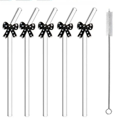 Black Polka Dot Bow Glass Drinking Straws – Reusable Curved Straws (3 or 6 Pack)