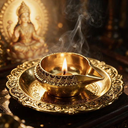 Gold Diya Oil Lamp – Indian Deepak with Decorative Leaf Motif
