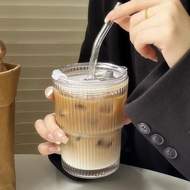 Ribbed Glass Tumbler with Straw & Lid
