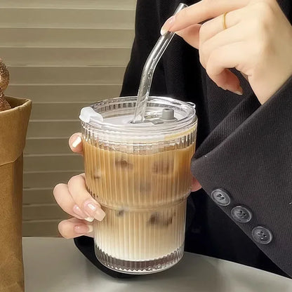 Ribbed Glass Tumbler with Straw & Lid