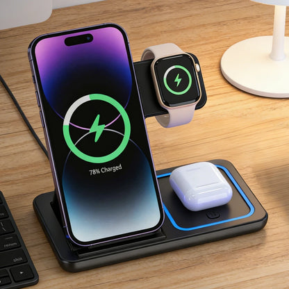 Foldable 3-in-1 Wireless Charger Stand for iPhone, Apple Watch & AirPods