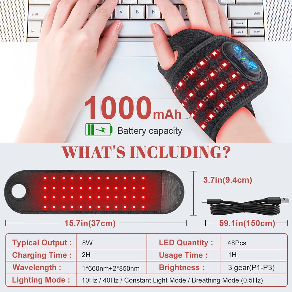 Rechargeable Red Light Therapy Wrist Strap – 660nm & 850nm LED Support Wrap