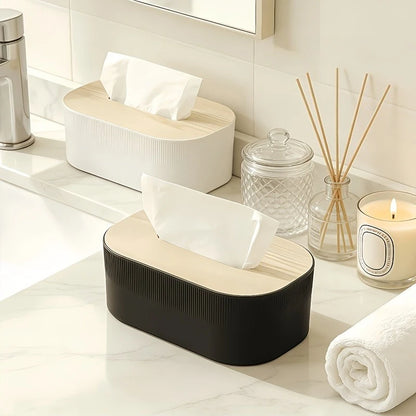 Modern Tissue Box Holder with Wood-Look Lid – Rectangular Tissue Dispenser for Home & Office