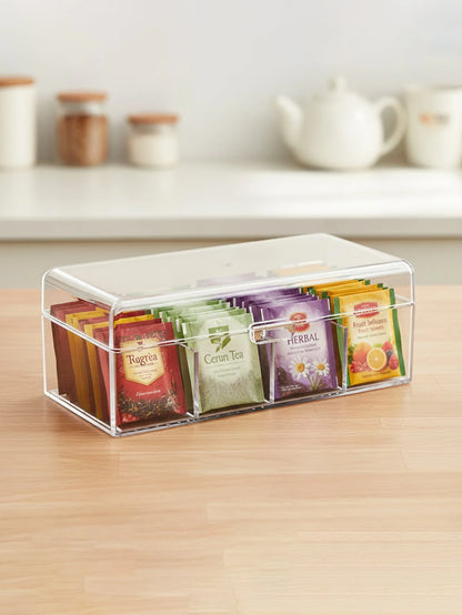 Clear 4-Compartment Storage Box with Lid – Tea Bag, Makeup & Desk Organiser