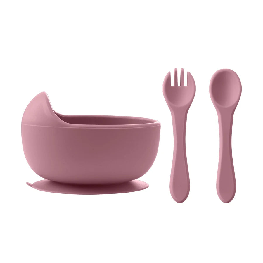 3-Piece Silicone Baby Suction Bowl Set – Bowl, Wooden Spoon & Fork