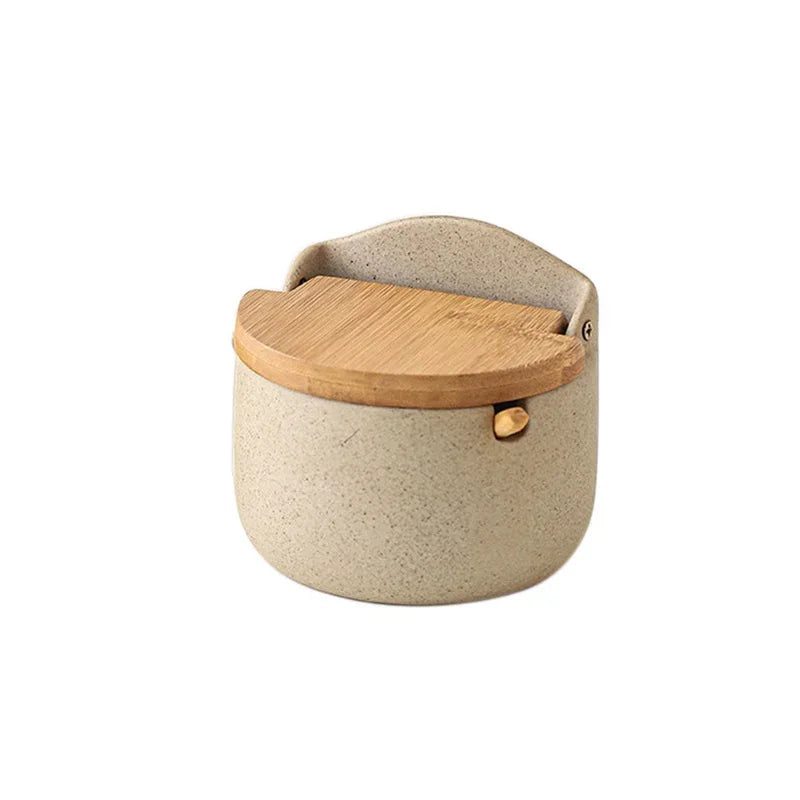 Japanese Style Ceramic Seasoning Jar Set – Bamboo Lid Spice Container with Spoon