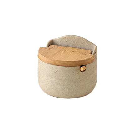 Japanese Style Ceramic Seasoning Jar Set – Bamboo Lid Spice Container with Spoon