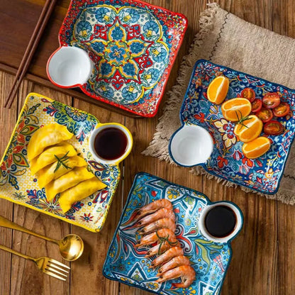 Bohemian Dumpling Plate with Dipping Sauce Compartment