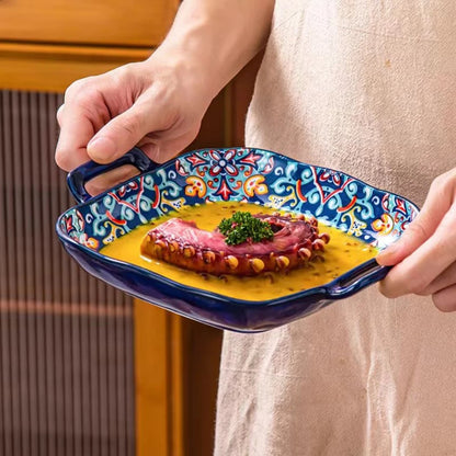 9-Inch Bohemian Ceramic Pasta & Salad Dish – Double Handle Oven & Microwave Safe Plate