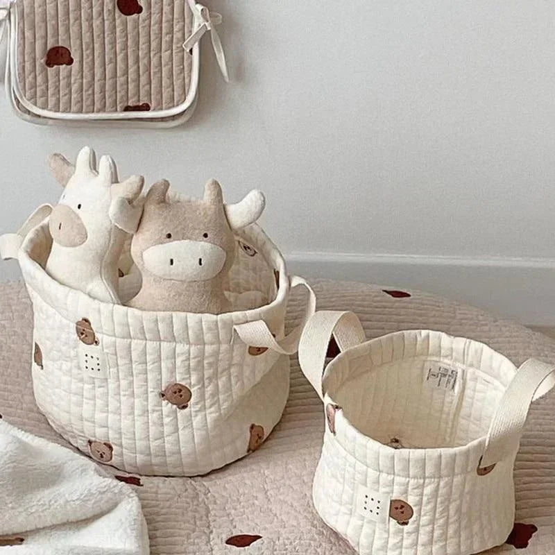 Embroidered Cotton Baby Storage Basket – Foldable Nursery & Nappy Organiser