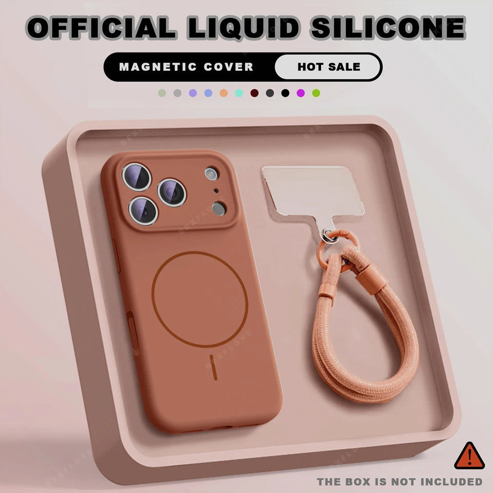 MagSafe Silicone Case with Wrist Strap – Magnetic Lanyard Cover for iPhone