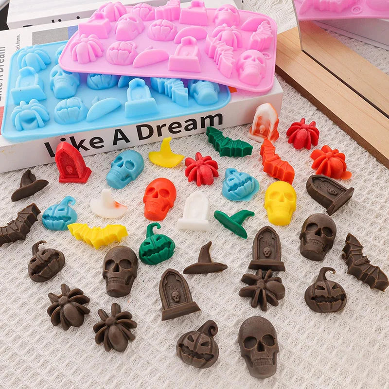 Halloween Silicone Baking Mould – Pumpkin, Ghost, Bat & Witch Hat Shapes