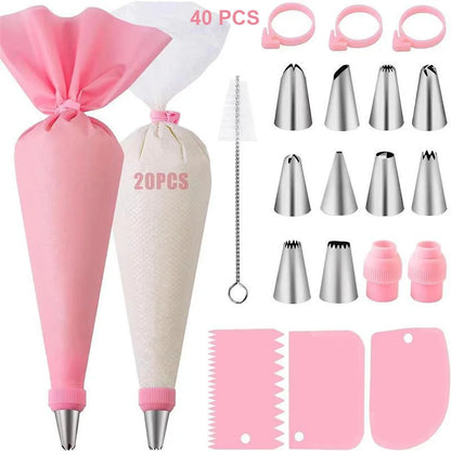 Reusable Silicone Piping Bags & Stainless Steel Nozzle Set – Cake Decorating Kit