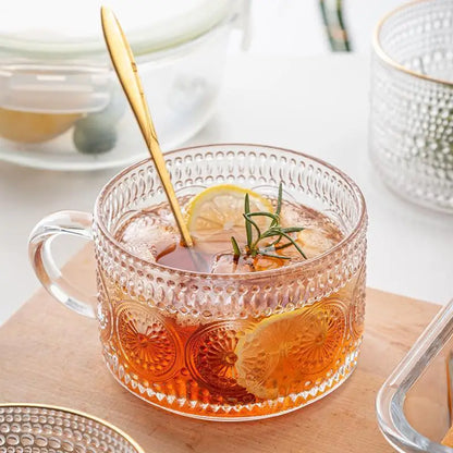 Vintage Embossed Glass Mug – Gold Rim Tea & Coffee Cup