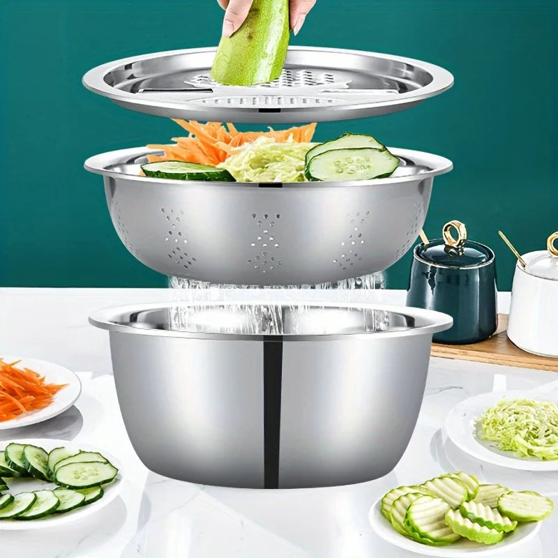 3-Piece Stainless Steel Mixing Bowl, Colander & Vegetable Slicer Set