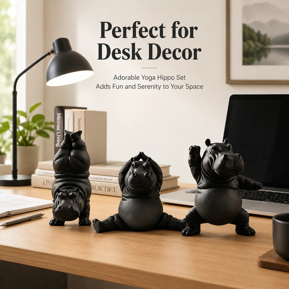 3-Piece Hippo Yoga Sculpture Set – Cute Black Animal Desk & Home Décor