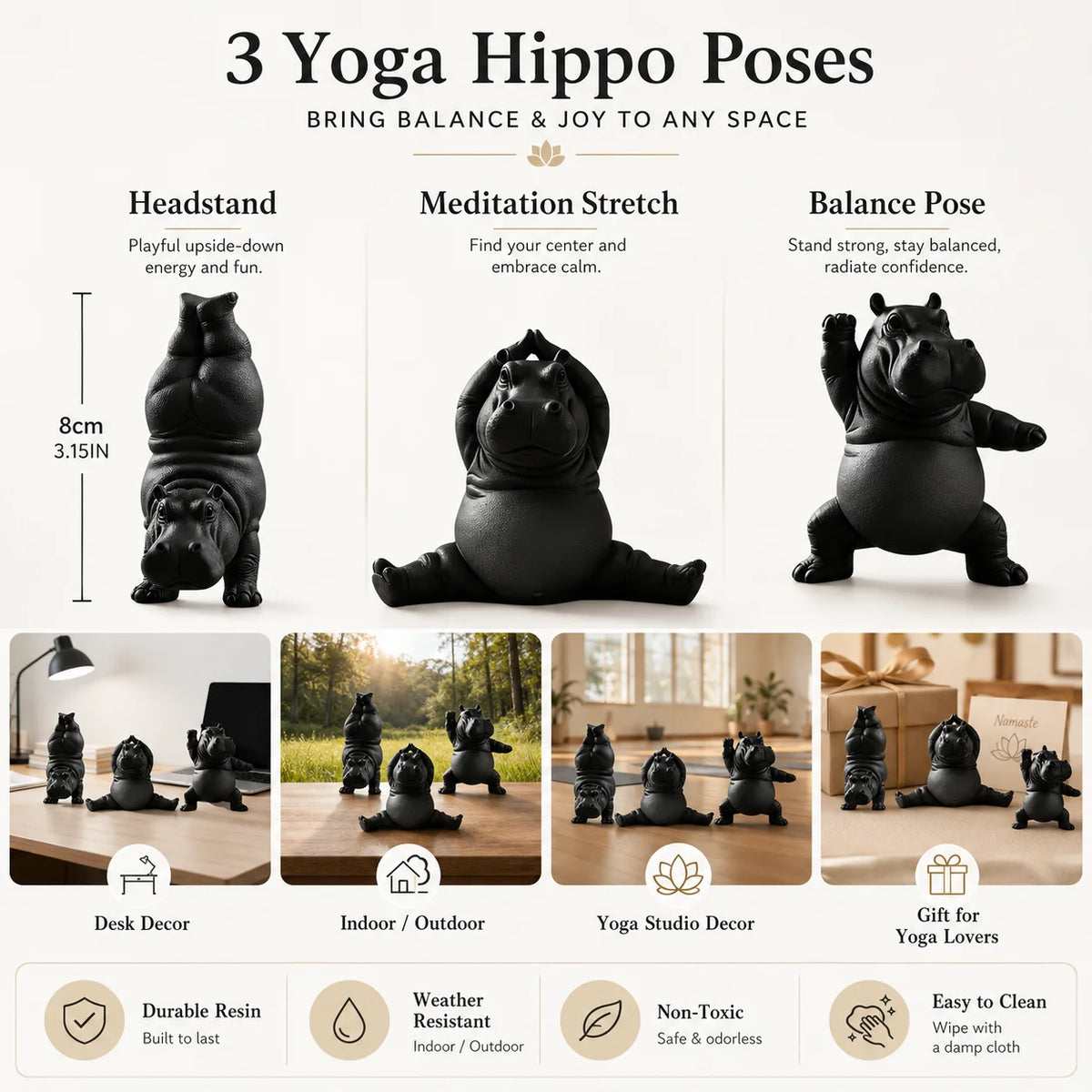 3-Piece Hippo Yoga Sculpture Set – Cute Black Animal Desk & Home Décor