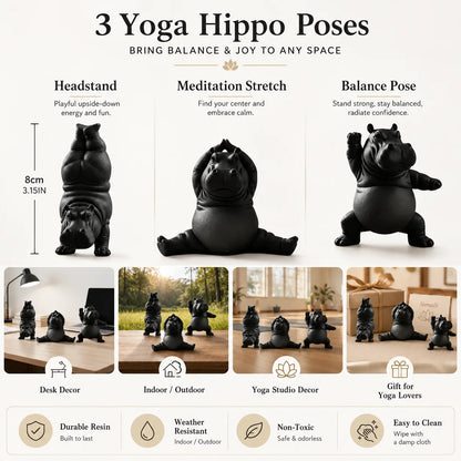 3-Piece Hippo Yoga Sculpture Set – Cute Black Animal Desk & Home Décor