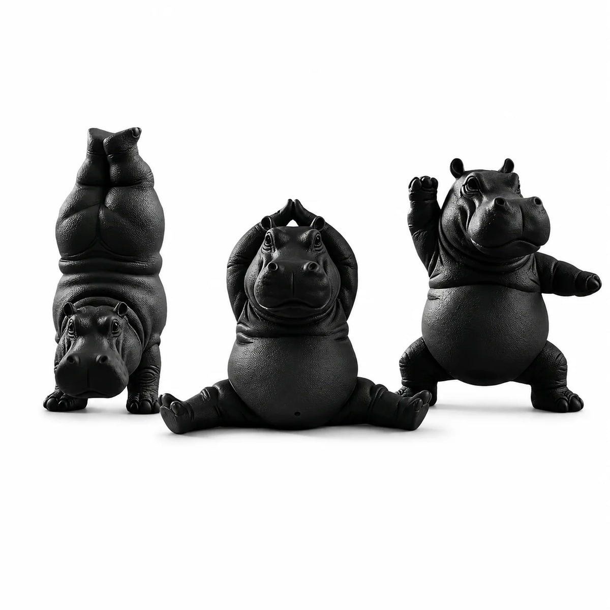 3-Piece Hippo Yoga Sculpture Set – Cute Black Animal Desk & Home Décor
