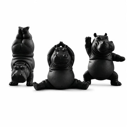 3-Piece Hippo Yoga Sculpture Set – Cute Black Animal Desk & Home Décor