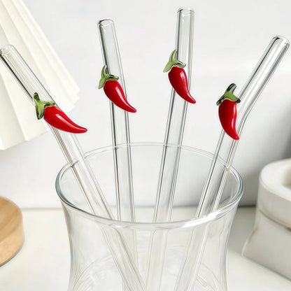 Chilli Pepper Glass Drinking Straws – Reusable Bent Straws for Cocktails, Juice & Iced Coffee