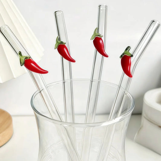 Chilli Pepper Glass Drinking Straws – Reusable Bent Straws for Cocktails, Juice & Iced Coffee