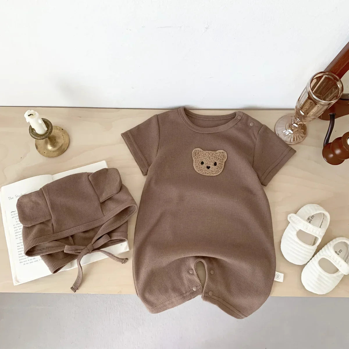 Baby Waffle Cotton Romper & Bear Ear Hat Set – Short Sleeve Outfit (0–24 Months)