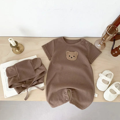 Baby Waffle Cotton Romper & Bear Ear Hat Set – Short Sleeve Outfit (0–24 Months)