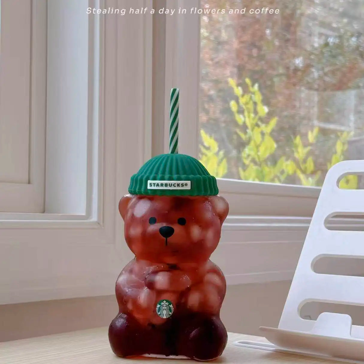 Bearista Bear Glass Tumbler with Straw – 591ml / 20oz Iced Coffee & Cold Drink Cup
