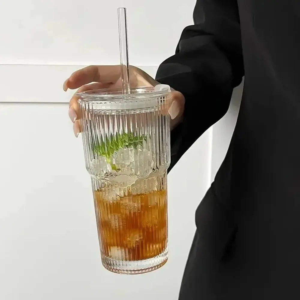Ribbed Glass Tumbler with Straw & Lid