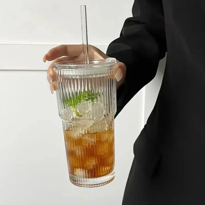Ribbed Glass Tumbler with Straw & Lid