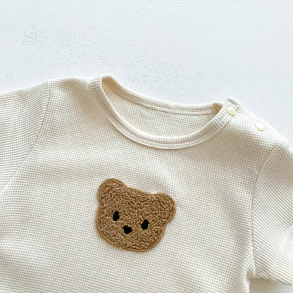 Baby Waffle Cotton Romper & Bear Ear Hat Set – Short Sleeve Outfit (0–24 Months)