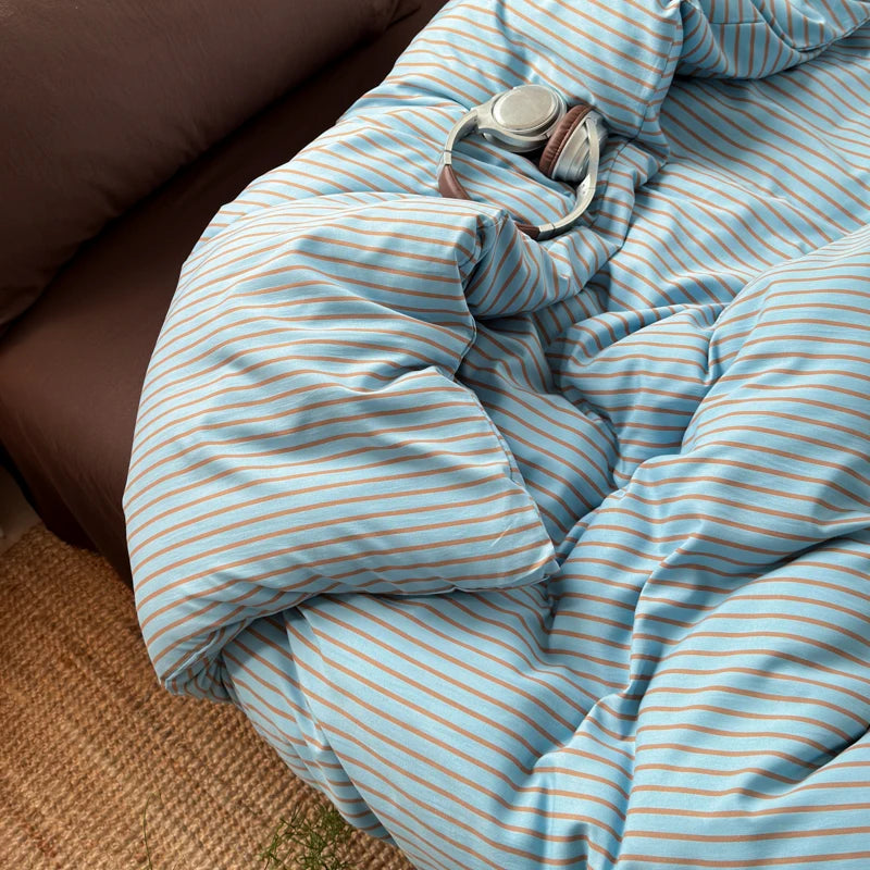 Blue & Brown Striped Duvet Cover Set – 3-Piece Soft Bedding Set with Pillowcases