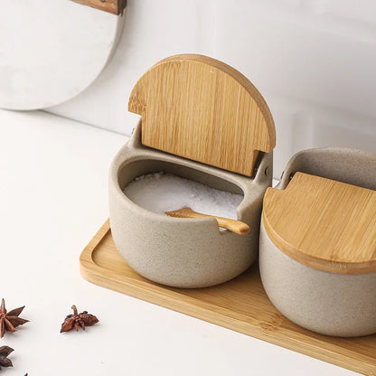 Japanese Style Ceramic Seasoning Jar Set – Bamboo Lid Spice Container with Spoon