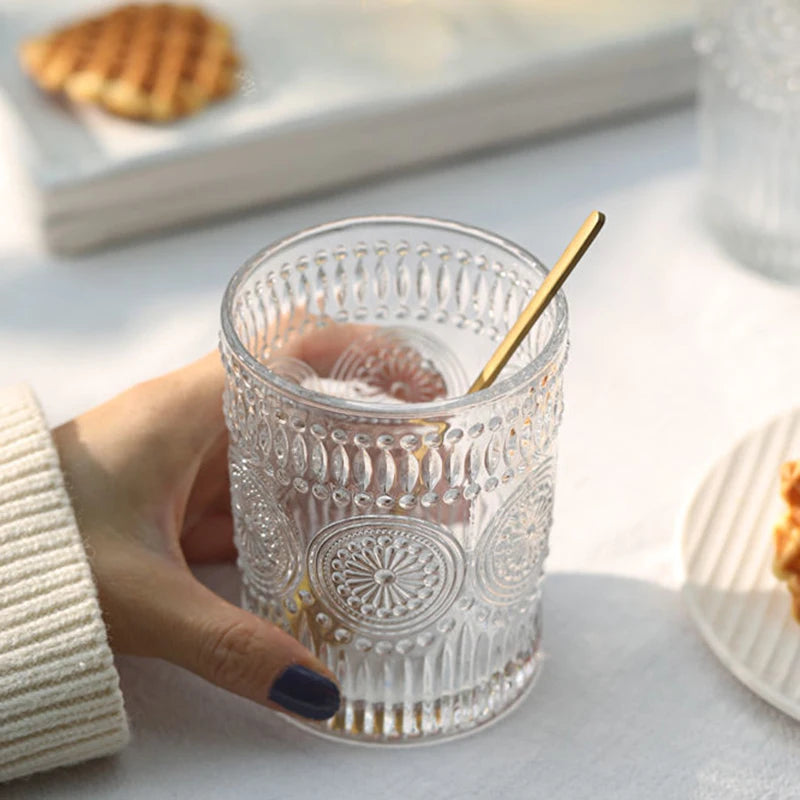 Nordic Sunflower Glass Cup – Retro Embossed Drinking Glass