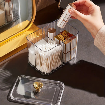 Clear Acrylic Makeup Organiser with Lid – Ribbed Cotton Swab & Cosmetic Storage Box
