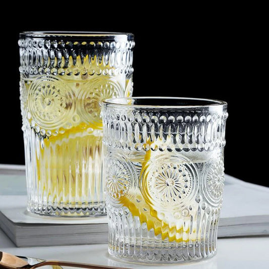Nordic Sunflower Glass Cup – Retro Embossed Drinking Glass