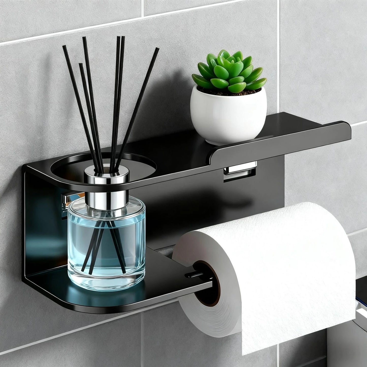 Self-Adhesive Toilet Paper Holder with Phone Shelf – Stainless Steel Wall Mount